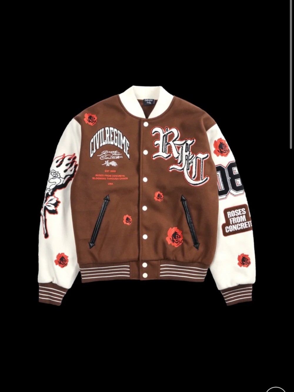 Civil Regime Brown & White Varsity Jacket with Rose Appliqués